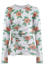 Paco Rabanne FLORAL LUREX RUCHED L/S TOP SILVER
